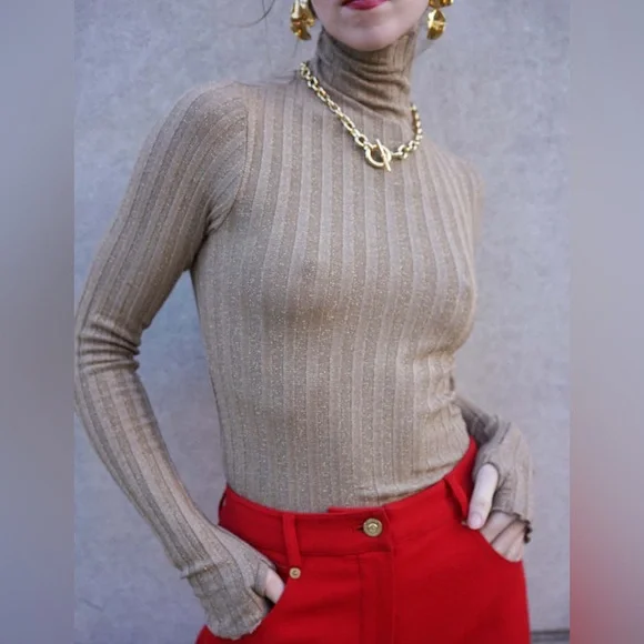 Enza Costa lurex sweater rib turtleneck long sleeve top - Picture 2 of 7